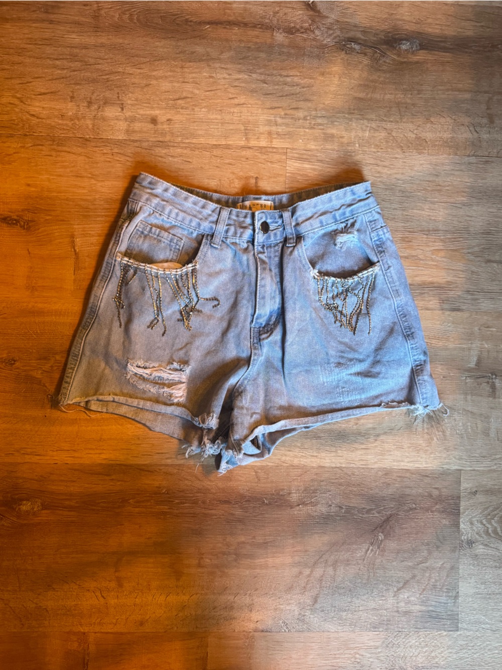 Harper Heritage Distressed Light Wash Denim Cropped Shorts With Rhinestones
